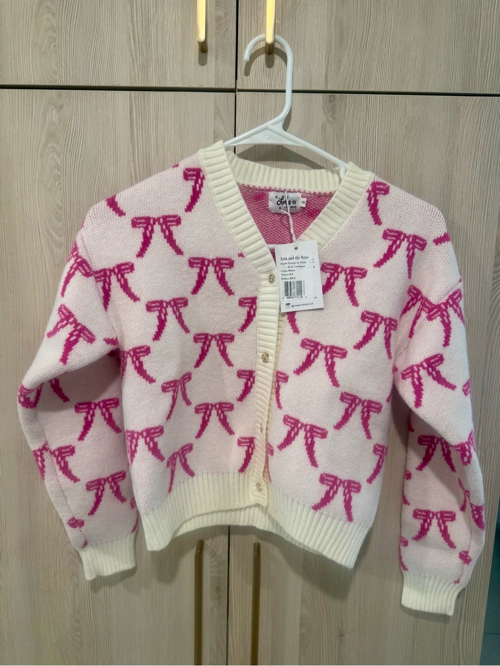 Lola + The Boys Pink Bow Print Cardigan with Cream Trim